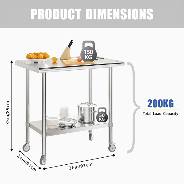 Generisch Küche Edelstahl Tisch, Edelstahl Regal mit 3 Regalen & Edelstahltisch mit Rollen, Servierwagen Edelstahl Unterstützung 150KG, Edelstahl Tisch für Restaurant Haus Hotel (91 * 61 * 89 cm)