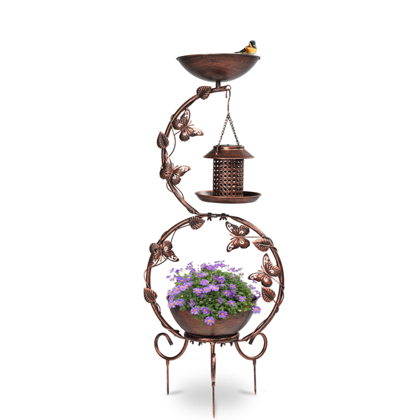 37.8 inch Bird Bath and Solar Bird Feeders Combo with Flower Planter Pedestal, Weather Resistant Metal Bird baths for Outdoors, Decorative Birdbath with Butterfly for Garden Yard, Bronze