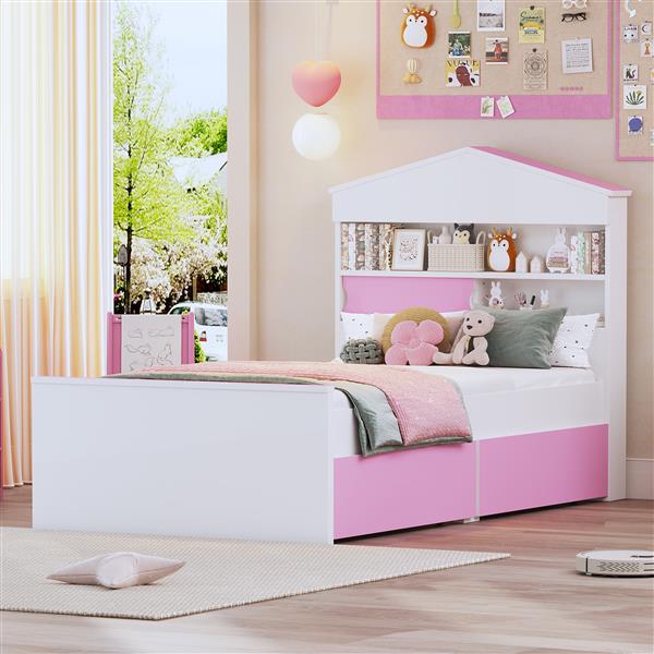 Twin Size House-Shaped Wooden Bed with Storage Shelf on the Headboard, Built-in Two Storage Drawers, Pink