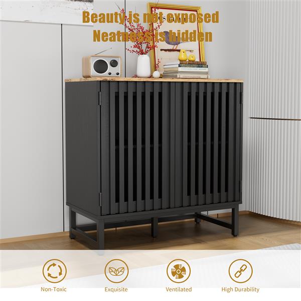 Cabinet with Slatted Grille Striped Door, Modern Style Cabinet, High-Quality MDF and Metal Leg