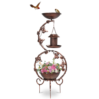 37.8 inch Bird Bath and Solar Bird Feeders Combo with Flower Planter Pedestal, Weather Resistant Metal Bird baths for Outdoors, Decorative Birdbath with Butterfly for Garden Yard, Bronze