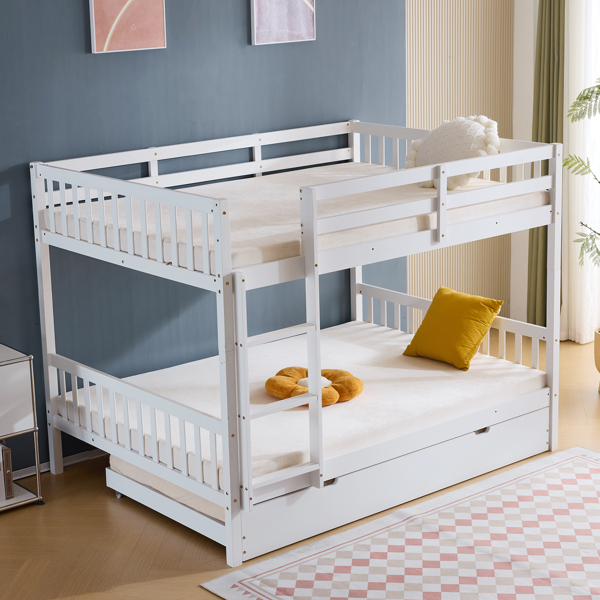 Full Size Bunk Bed with Trundle Bed, with Ladder and Safety Rails Pinewood Bunk Bed White