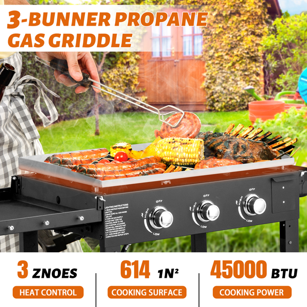 Foldable 3-Burner Flat Top Gas Griddle Cooking Station, Propane Fuelled Griddle Station with Side Shelves for Outdoor Barbecue Backyard Cookout