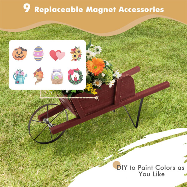 2 In 1 Wheelbarrow Planter，Wooden Wagon Planter with 9 Magnetic Accessories for Garden Yard