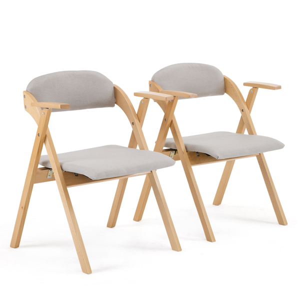 Set of 2 Wooden Folding Chairs with Padded Seats and Armrests, Portable Simple Folding Chairs with Cushion for Guests Kitchen Office Wedding Party Picnic, Natural Frame with Light Gray Cushion