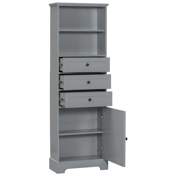 Gray Tall Storage Cabinet with 3 Drawers and Adjustable Shelves for Bathroom, Study, Office and Interior, MDF Board with Painted Finish