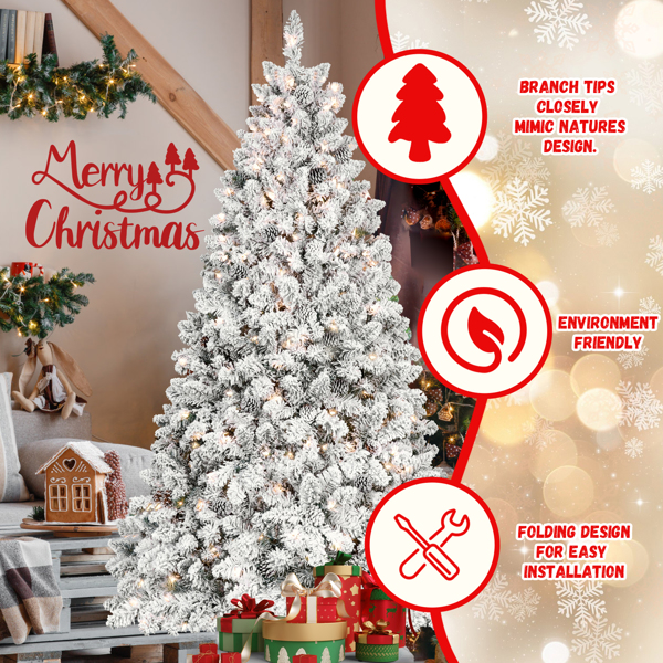 7.5ft Snow-Flocked Artificial Christmas Tree with Pine Cones, Prelit Xmas Trees, Hinged Easy Assembly & Reinforced Metal Base - Ideal for Indoor & Outdoor Festive Decorations 