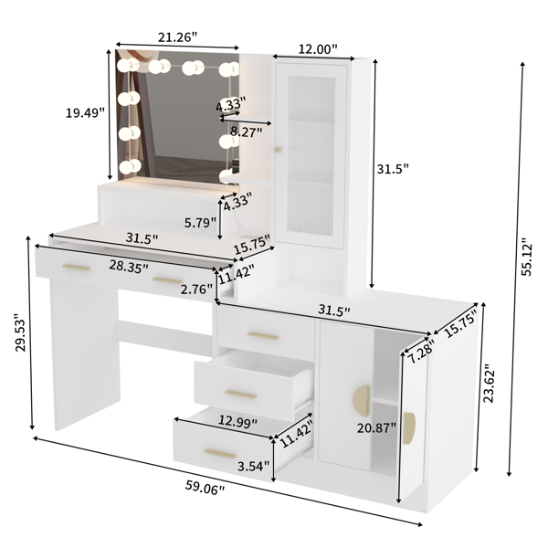 Large Makeup Vanity with Lights, Vanity Table with Charging Station, Vanity Desk with Mirror and 10 LED Light Bulbs, Makeup Table with Drawers and Storage Shelves and Cabinets, White