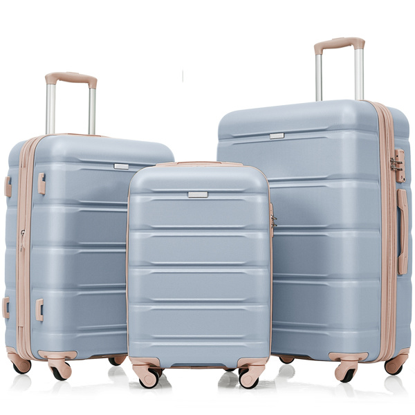 Luggage Set of 3, 20-inch with USB Port, Airline Certified Carry-on Luggage with Cup Holder, ABS Hard Shell Luggage with Spinner Wheels, light blue and golden