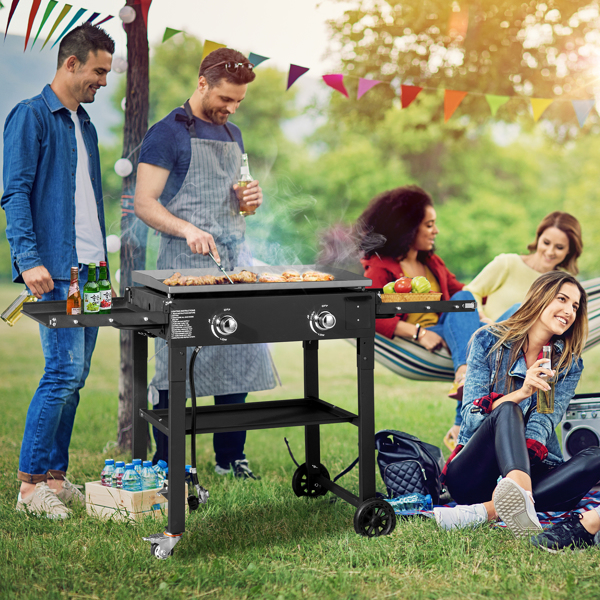 Foldable 2-Burner Flat Top Gas Griddle Cooking Station, Propane Fuelled Griddle Station with Side Shelves for Outdoor Barbecue Backyard Cookout