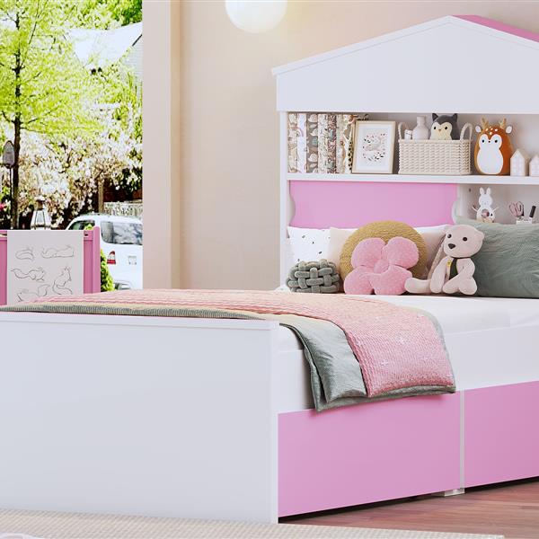 Twin Size House-Shaped Wooden Bed with Storage Shelf on the Headboard, Built-in Two Storage Drawers, Pink