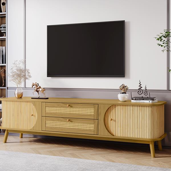 Rattan TV Stand for TVs up to 75'', Modern Farmhouse Media Console, Entertainment Center with Solid Wood Legs, TV Cabinet for Living Room,Home Theatre