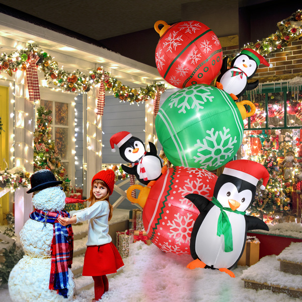 8.9 FT Lighted Christmas Inflatable Decoration, Inflatable Christmas Balls and Penguins, Funny Blow Up Yard Decorations with Built-in LED Lights for Holiday Party Front Yard Lawn Garden Decor