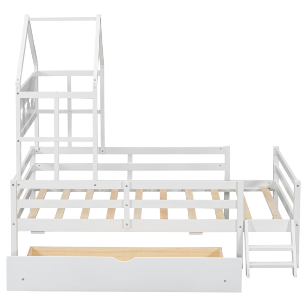 Wood Twin Size House Platform Bed with Guardrail and Drawer, White 