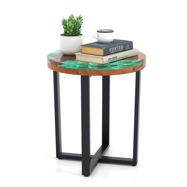 20-inch round end table with epoxy top for indoor and outdoor use