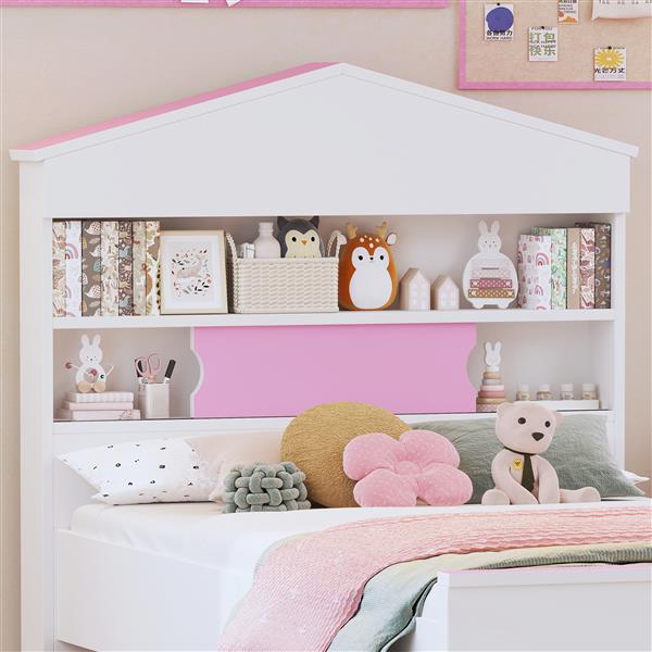 Twin Size House-Shaped Wooden Bed with Storage Shelf on the Headboard, Built-in Two Storage Drawers, Pink