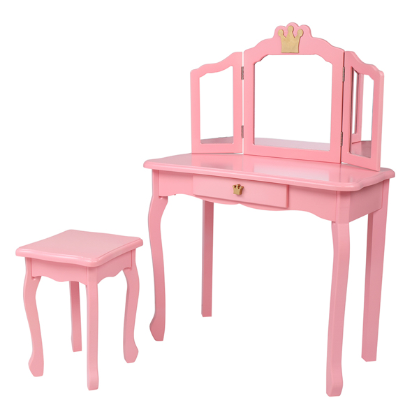 Children's Wooden Dressing Table Three-Sided Folding Mirror Dressing Table Chair Single Drawer Pink Crown Style