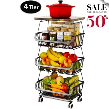 4 Tier Fruit Storage Basket, Fruit Vegetable Cart with Solid Wood, Kitchen Storage Rack with Rollers for Pantry