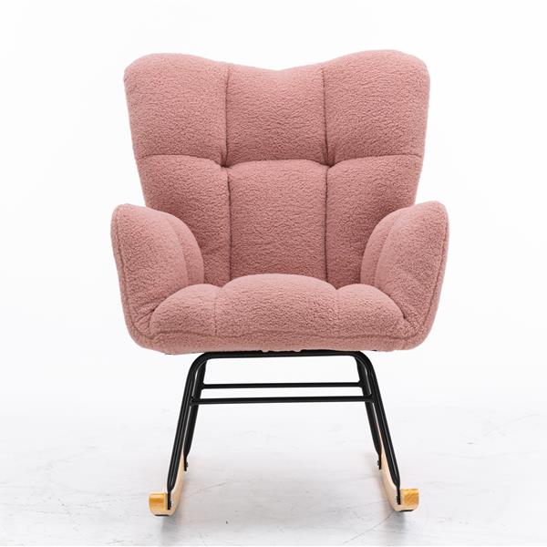 Mid Century Modern Teddy fabric Tufted Upholstered Rocking Chair Padded Seat for Living Room Bedroom,Pink