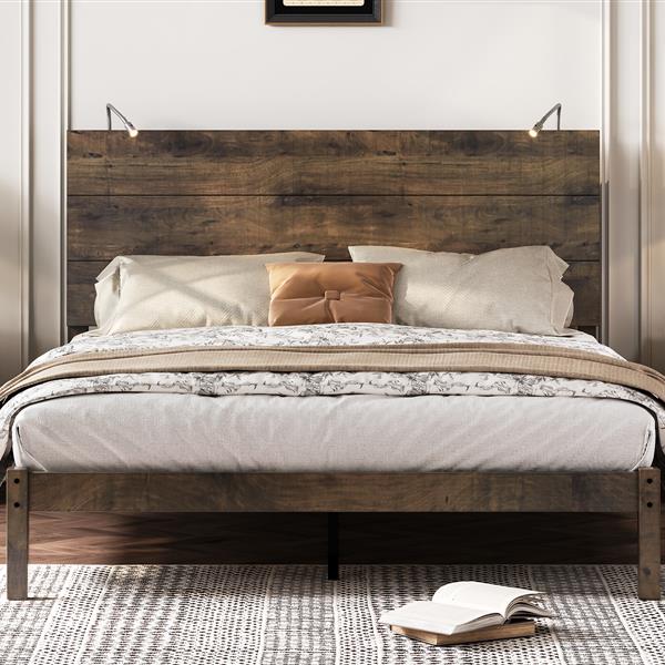 Farmhouse Wooden Platform Queen Size Bed, Modern Platform Bed with Two Bedside Lights, Antique Walnut