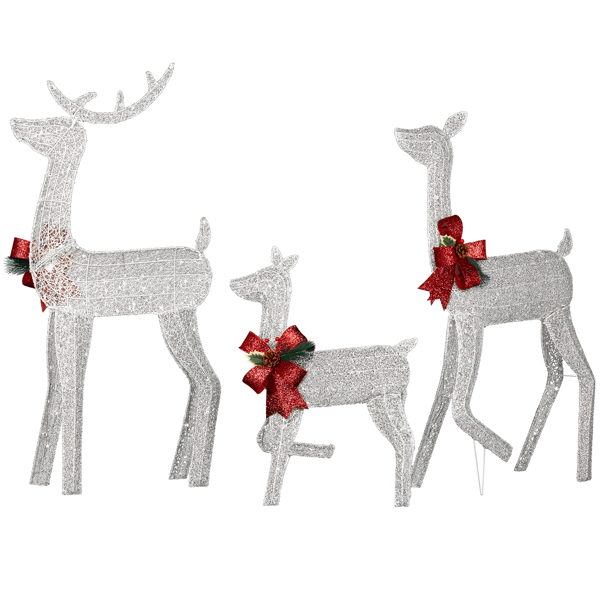 3-Piece Lighted Christmas Reindeer Family Set Outdoor Decorations, Weather Proof 2D Deer Family Set of 3 Christmas Ornament Home Decor Pre-lit 200 LED White Lights with Stakes, White