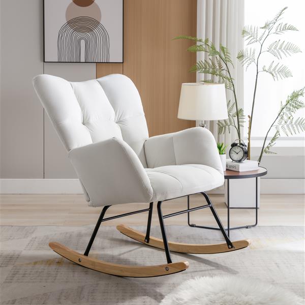 Mid Century Modern Velvet Tufted Upholstered Rocking Chair Padded Seat for Living Room Bedroom, White