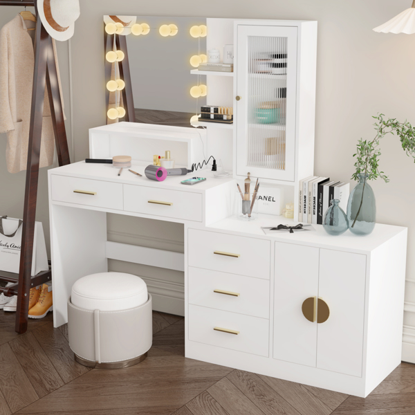 Large Makeup Vanity with Lights, Vanity Table with Charging Station, Vanity Desk with Mirror and 10 LED Light Bulbs, Makeup Table with Drawers and Storage Shelves and Cabinets, White