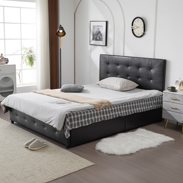 Upholstered Queen Platform Storage Bed Frame with 4 Drawers, Adjustable Headboard with Faux Leather Button Tufted Design, Wooden Slat Support, No Box Spring Needed, Black