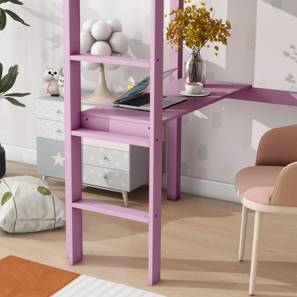 Twin High Loft Bed, Rubber Wood Loft Bed with Safety Guardrail, built-in desk, ladder,Pink 