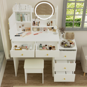 Fashion Vanity Desk with Mirror and Lights for Makeup and Cushioned Chair, Vanity Mirror with Lights and Table Set with 3 Color Lighting Brightness Adjustable,Dressing table, White Color 