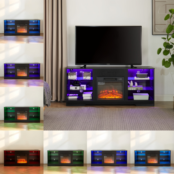 TV Stand Electric Fireplace Glass Shelves, 3D Fireplace TV Stand with LED Lights Wood with USB Charging Outlet Modern Television Table Center for TV up to 62" Black 58''W*15.5''D*24.4 