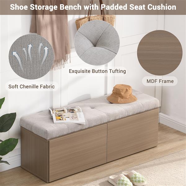 49" Shoe Storage Bench Entryway Shoe Cabinet Storage Ottoman with Padded Seat Cushion and Double Doors for Entryway, Hallway and Bedroom, Light Grey