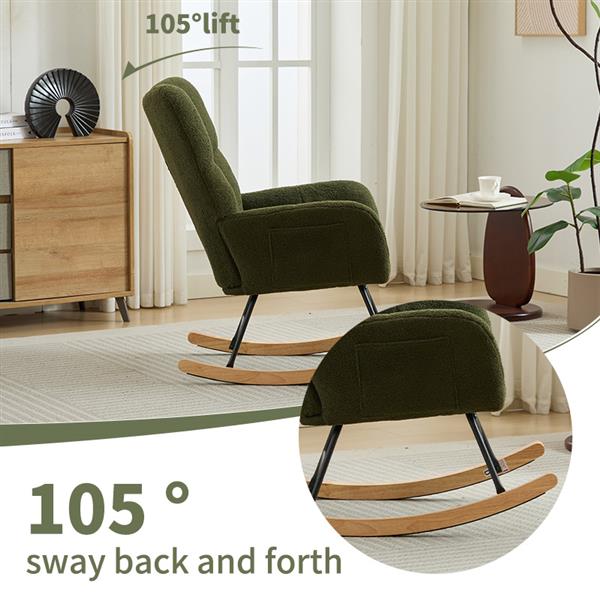 Modern Nursery Rocking Chair Upholstered Glider Chair with High Backrest Rocker Accent Armchair with Solid Wood Legs for Nursery Bedroom Living Room Teddy(dark green)