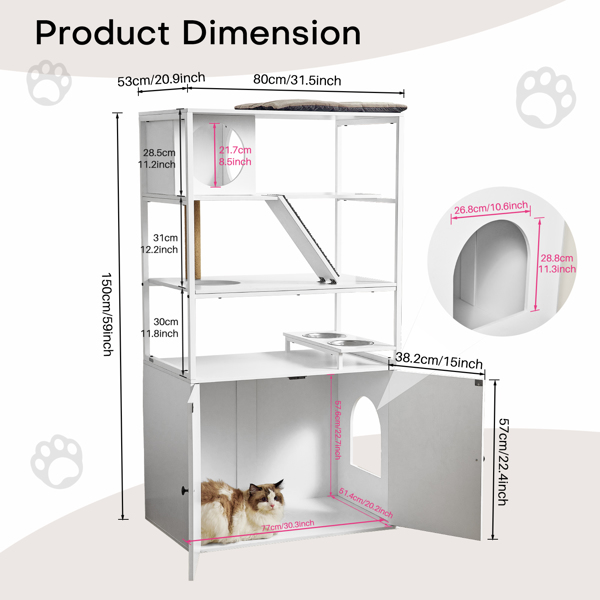 Katzenklo Schrank, Katzentoilette Möbel, Katze Waschraum Schrank mit Kratzbaum, Katzenhaus Hölzerne für Meiste Katze und Katzenklo Selbstreinigend (Weiß, 150x53x80 cm)