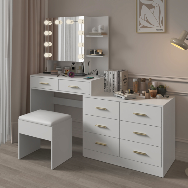 Large Makeup Vanity with Lights, Vanity Table with Charging Station, Vanity Desk with Mirror and 10 LED Light Bulbs, Makeup Table with Drawers and Storage Shelves, White