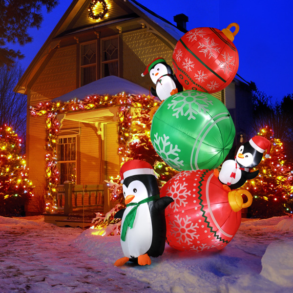 8.9 FT Lighted Christmas Inflatable Decoration, Inflatable Christmas Balls and Penguins, Funny Blow Up Yard Decorations with Built-in LED Lights for Holiday Party Front Yard Lawn Garden Decor