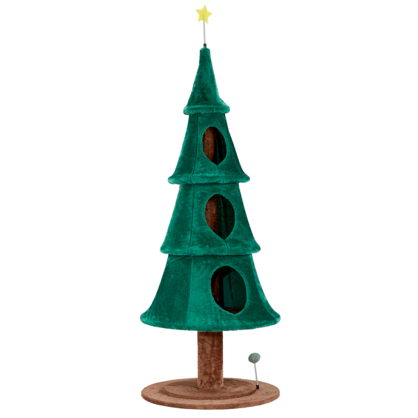 65in Large Tall Christmas Tree Cat Tower with 3 Cat Houses, Soft Fleece Cat Tree with  Teaser Toy & Sturdy Base & Built-in Openings for Indoor Cats