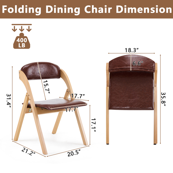 Set of 2 Wooden Folding Chairs with Padded Seats, Portable Simple Folding Chairs with Cushion for Guests Kitchen Office Wedding Party Picnic, Natural Frame with Brown Cushion