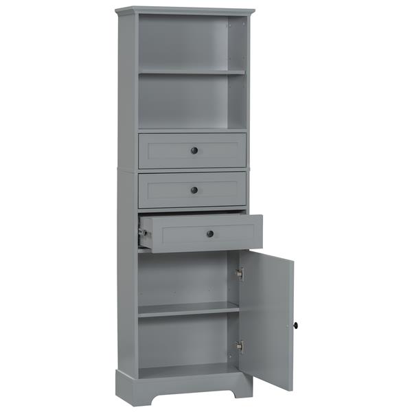 Gray Tall Storage Cabinet with 3 Drawers and Adjustable Shelves for Bathroom, Study, Office and Interior, MDF Board with Painted Finish