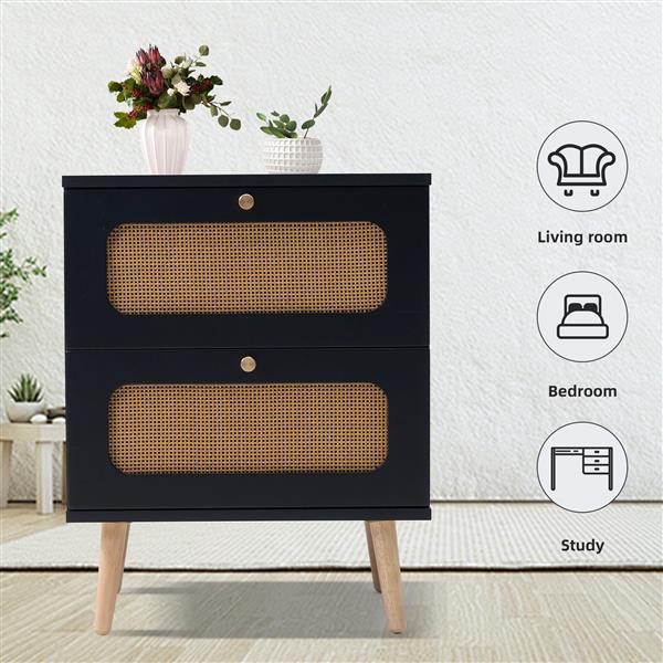 2-drawer Rattan Nightstand for Bedroom and Living Room, End Table, Side Table with 2 Hand Made Rattan Decorated Drawers