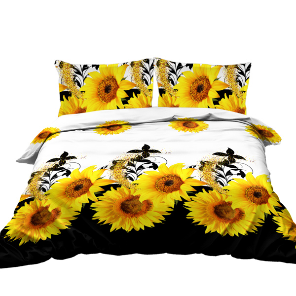 3 Pieces Black And White Background Sunflower Duvet Cover Set Yellow Flower Polyester Bedding Set For Adults Bedroom Decor King Size