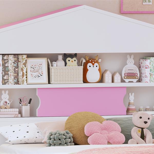 Twin Size House-Shaped Wooden Bed with Storage Shelf on the Headboard, Built-in Two Storage Drawers, Pink