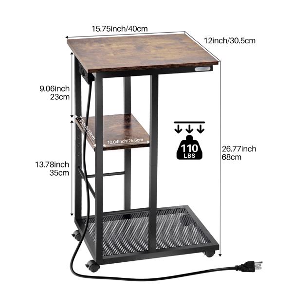 Beistelltisch mit Ladestation, C-Form Kaffeetisch, Beistelltisch Couch Holz, Mobiler Couchtisch mit Rädern & Ablagefläche, Kleiner Tisch für Wohnzimmer, Schlafzimmer (Rustikales Braun)