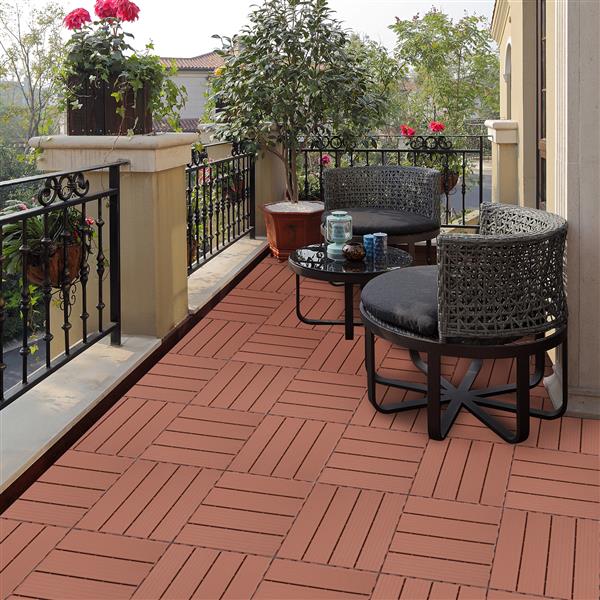 Plastic Interlocking Deck Tiles, 11.8"x11.8"(Pack of 44 ), Patio Flooring Outdoor Waterproof All Weather Use for Garden Poolside Front/Back Yard, Mahogany Colour