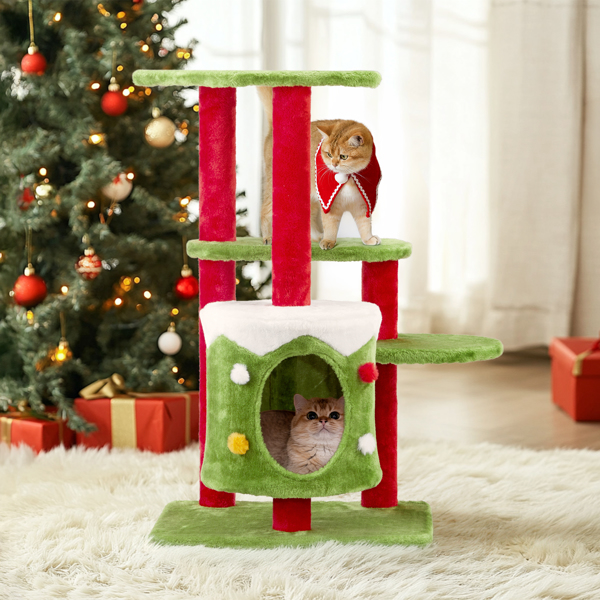 32in Christmas Themed Cat Tower with Cat Condo, 3-Level Plush Cat Tree Activity Center for Indoor Cats