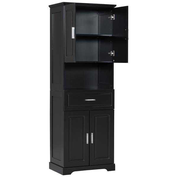 Tall Bathroom Cabinet with Four Doors, Large Storage Space Open Shelve, Upper Storage Cabinet, Black