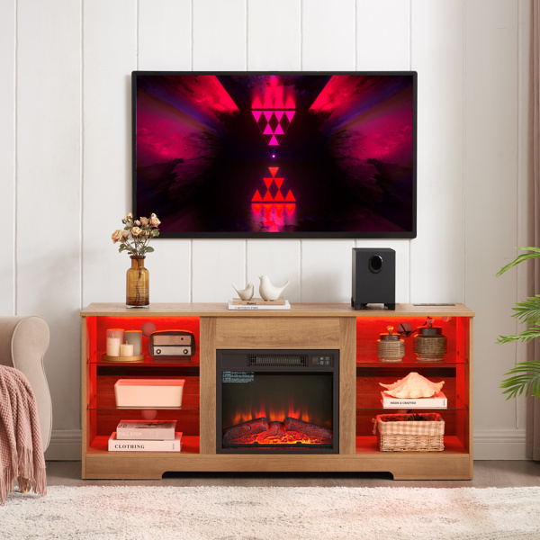 TV Stand Electric Fireplace Glass Shelves, 3D Fireplace TV Stand with LED Lights Wood with USB Charging Outlet Modern Television Table Center for TV up to 62" OAK 58''W*15.5''D*24.4 