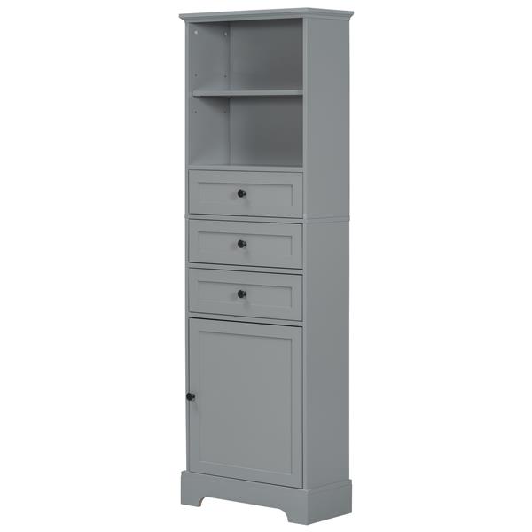 Gray Tall Storage Cabinet with 3 Drawers and Adjustable Shelves for Bathroom, Study, Office and Interior, MDF Board with Painted Finish