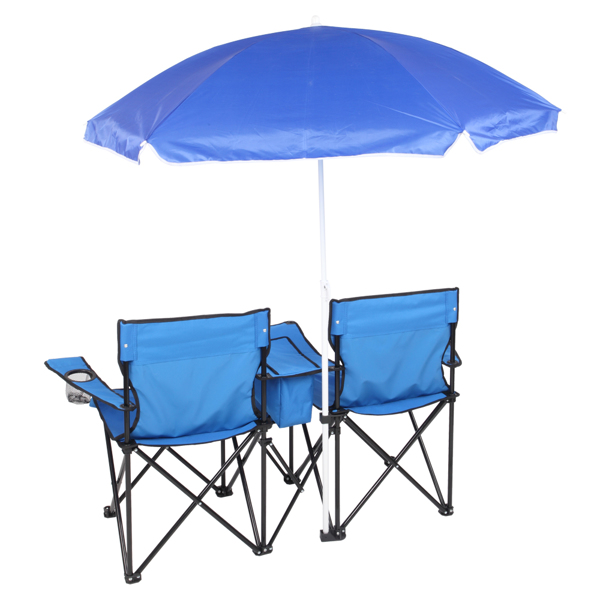 Portable Outdoor 2-Seat Folding Chair with Removable Sun Umbrella Blue