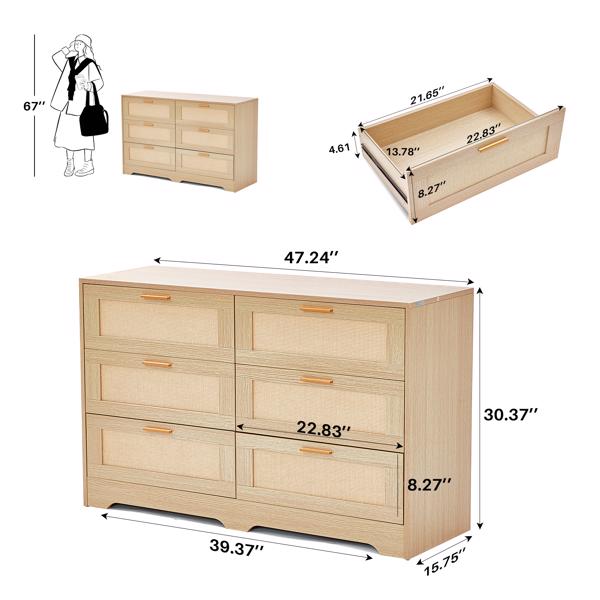 Generisch Rattan Kommode, Komode mit Schubladen, 6 Schubladen Dresser, 120x40x77 cm Tv Schrank, Flur Kommode & Chest of Drawers für Schlafzimmer Wohnzimmer, 120x40x77 cm (Natürliche)